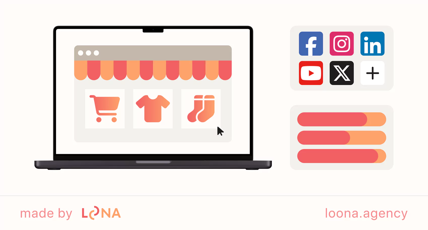Online clothing sales with social media integration and marketing analytics Illustration of an online store on the laptop with social media buttons and analytics indicators in the background