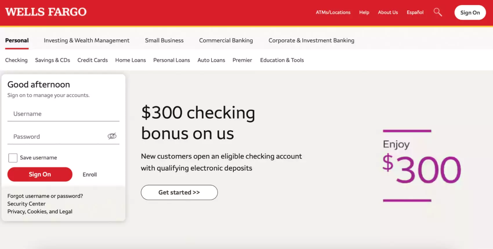 Wells Fargo main page